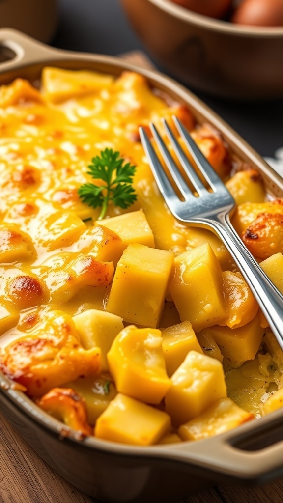 Low Carb Yellow Squash Casserole Recipe A golden yellow squash casserole with melted cheese, garnished with parsley, in a rustic baking dish.